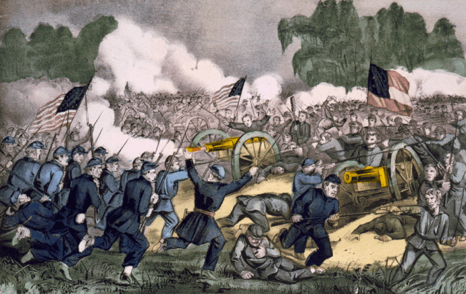 Hand-colored lithograph depicting the battle of Gettysburg.